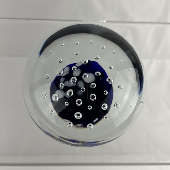 Vintage Handblown Control Bubble Glass Paperweight Clear Cobalt - Picture 6 of 7